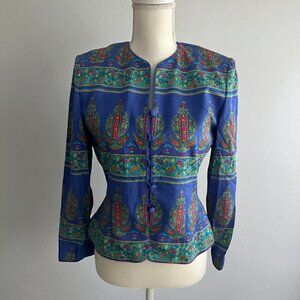 ADRIANNA PAPELL 100% Silk Vintage Patterned Blazer Jacket Size 4P